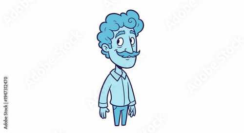 A cartoon illustration of a smiling man with curly hair and a mustache in a simple outfit