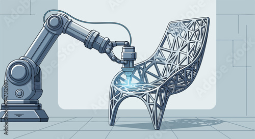 Futuristic robotic arm 3D printing a complex, geometrically designed chair, symbolizing advanced manufacturing, innovation, and modern industrial technology.