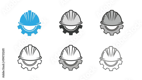 Various hard hats and safety helmets displayed in a row for comparison Vector
