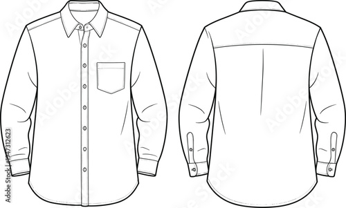 long sleeve shirt template, button down dress shirt, men fashion apparel, front back view, cad drawing, flat vector illustration