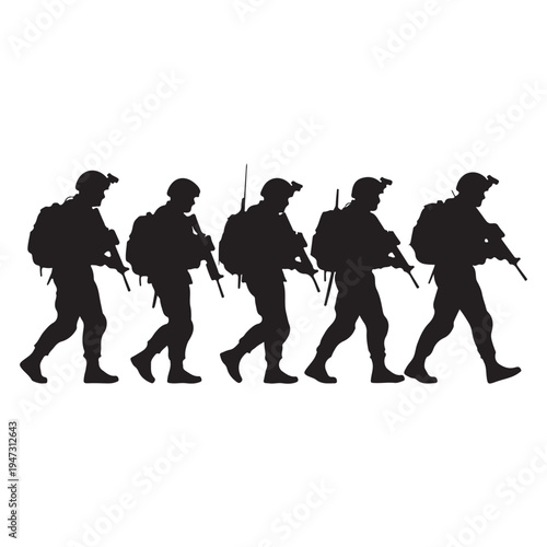 Black Silhouette Vector of Five Marching Soldiers with Helmets and Rifles