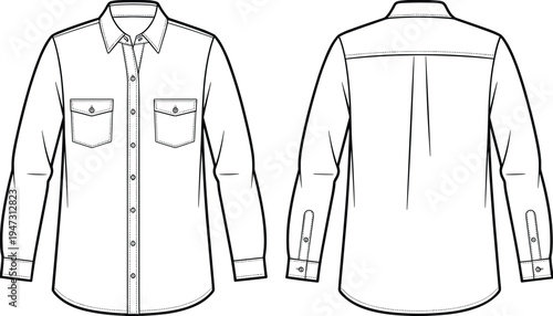 men's, long, sleeve, button, down, shirt, front, back, view, chest, pocket, apparel, template, technical, drawing, clothing, fashion, cad, vector, illustration