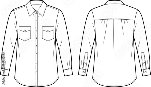 men's, long, sleeve, button, up, shirt, front, back, view, double, pocket, apparel, template, technical, drawing, clothing, fashion, cad, vector, illustration