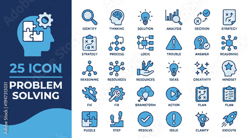 Professional problem solving flat vector icons set with 25 concepts in blue and white tones