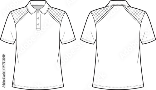 men's, polo, shirt, short, sleeve, textured, shoulder, panel, front, back, view, apparel, clothing, template, technical, drawing, cad, vector, fashion, illustration