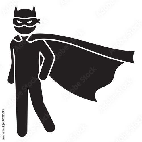 Minimalist Black Superhero Stick Figure Icon with Cape and Mask