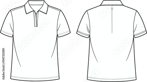 men's, polo, shirt, short, sleeve, zipper, collar, front, back, view, apparel, clothing, template, technical, drawing, fashion, cad, vector, outline, illustration