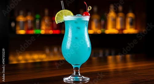Main Subject: An electric blue tropical cocktail served in a stemmed hurricane glass.