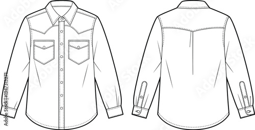 men's, western, long, sleeve, button, shirt, front, back, view, yoke, double, pocket, apparel, template, technical, drawing, cad, vector, fashion, illustration