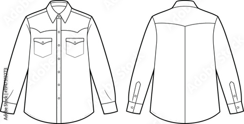 men's, western, style, long, sleeve, button, shirt, front, back, view, yoke, pocket, apparel, template, technical, drawing, cad, vector, fashion, illustration