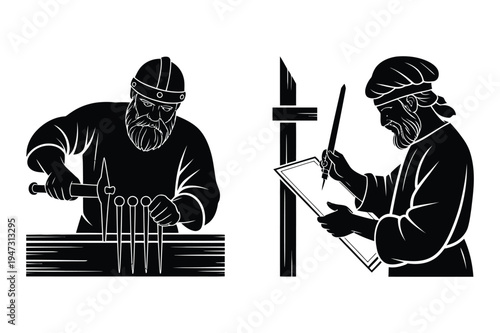 Artisan craft illustrations: blacksmith and scribe
