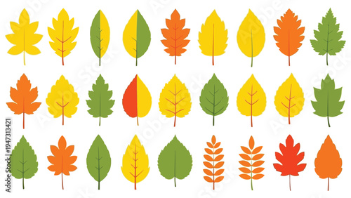 Colorful collection of autumn leaves in various shapes and patterns Vector