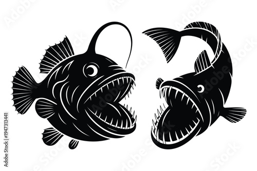 Deep sea anglerfish illustrations: fierce predator silhouettes