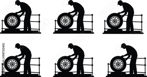 tire, changing, mechanic, worker, silhouette, car, wheel, service, automotive, repair, maintenance, garage, workshop, technician, equipment, vehicle, black, icon, set, vector, illustration, design