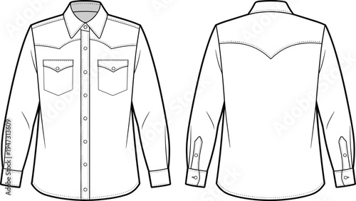 western style shirt template, cowboy long sleeve shirt, fashion apparel design, front back view, cad drawing, flat vector illustration