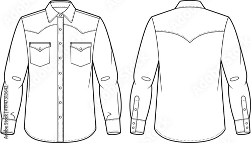western cowboy shirt template, long sleeve fashion apparel, vintage style shirt design, front back view, cad drawing, flat vector illustration