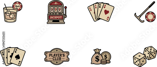 Casino gambling icons set with poker cards slot machine jackpot dice chips whiskey cocktail glass money bag player club sign and polo mallet vintage style illustration on transparent background