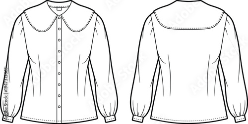 women's, blouse, long, sleeve, peter, pan, collar, button, front, back, view, fashion, apparel, template, technical, drawing, cad, vector, outline, illustration
