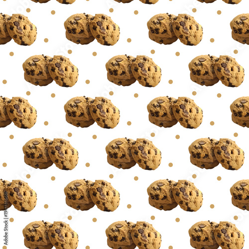 Delicious chocolate chip cookies on a white background with gold dots, perfect for a sweet treat.