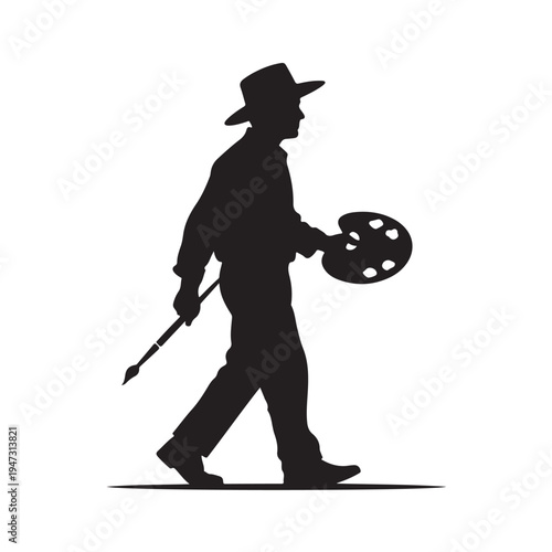 Silhouette Of Painter Walking With Paintbrush And Palette For Art Concepts