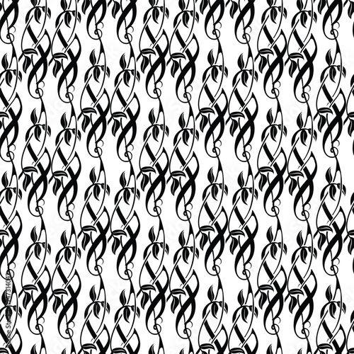 Elegant black and white floral pattern with intertwining vines and leaves, perfect for backgrounds and textiles.
