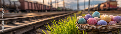 Easter basket with colorful eggs on spring grass at a railway yard, tracks and freight cars behind, warm morning sunlight, bright seasonal transportation scene.