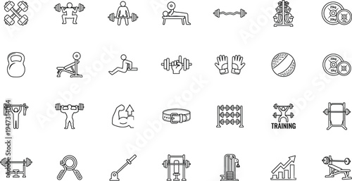 Fitness gym outline icons set with barbell dumbbell kettlebell bench press squat deadlift weight plates gloves belt and strength training equipment line illustration