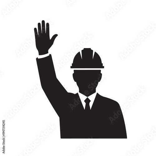 Black silhouette of businessman wearing hard hat waving on white background for construction safety concepts