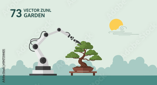 Robotic arm tending to a bonsai tree in a modern garden, representing technology and nature integration.