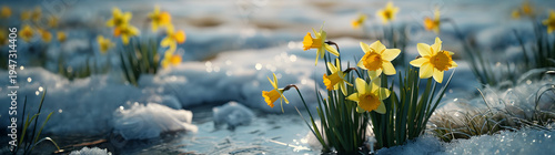 Colorful daffodil flowers and grass growing from the melting snow and sunshine in the background. Concept of spring coming and winter leaving.