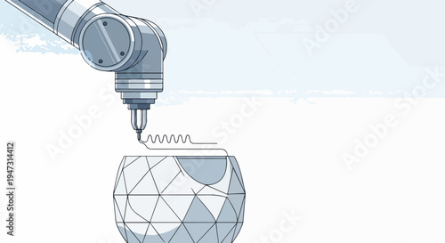 Robotic arm 3D printing a geometric object with a minimalist and modern aesthetic