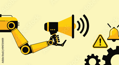 Robotic arm holding a megaphone to alert and warn with sound waves, warning signs, and gears