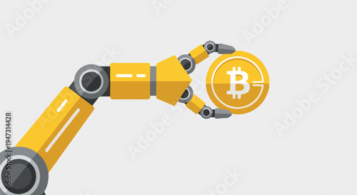 Robotic arm holding a golden Bitcoin coin, symbolizing cryptocurrency, blockchain technology, and digital finance.