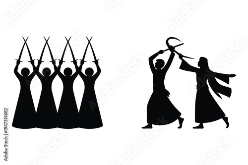 Silhouettes of people holding swords and facing off with black and whi
