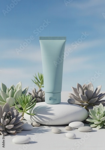 Skincare cream tube surrounded by succulents and stones on sky background  