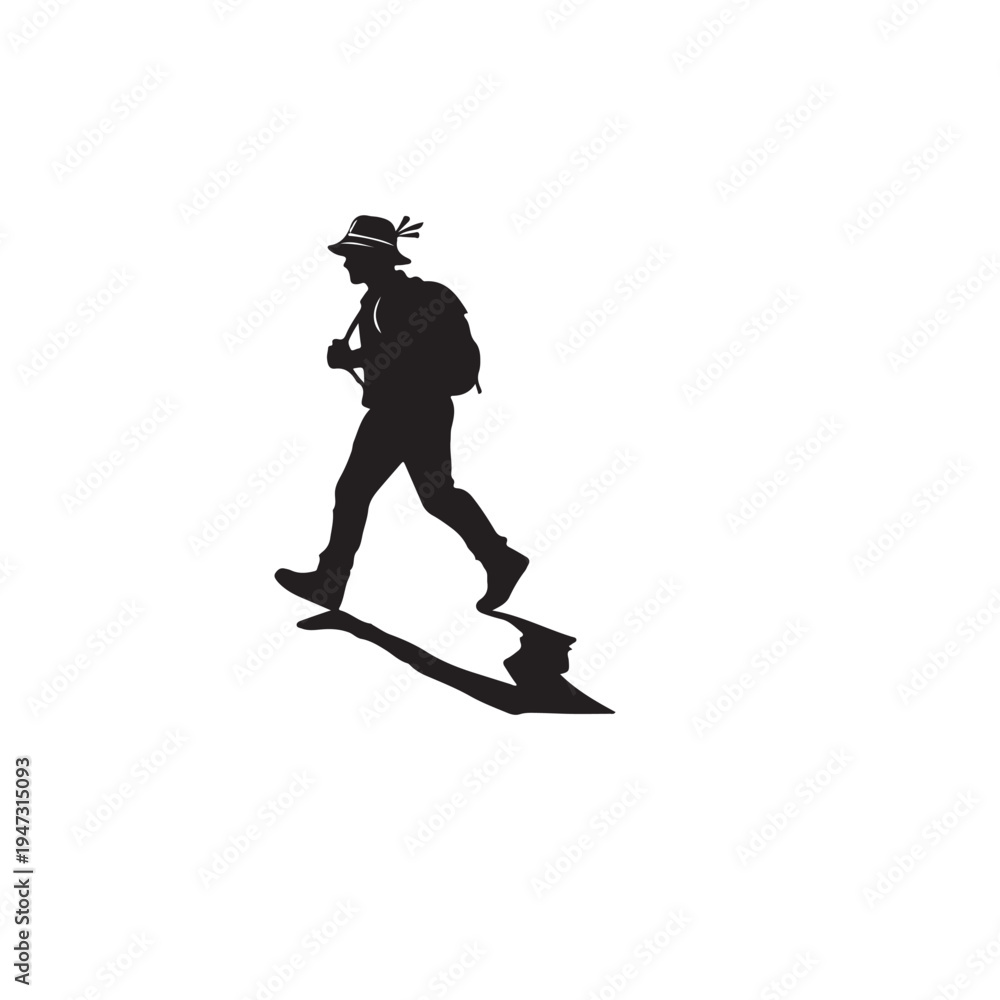 Fototapeta premium Man Walking Silhouette With Backpack On White Background For Travel Concepts