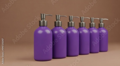 Set of six purple bottles with pump tops arranged in a row  