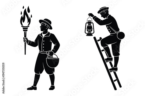 Cuadro en lienzo Man with torch and lantern on ladder, historical, old fashioned