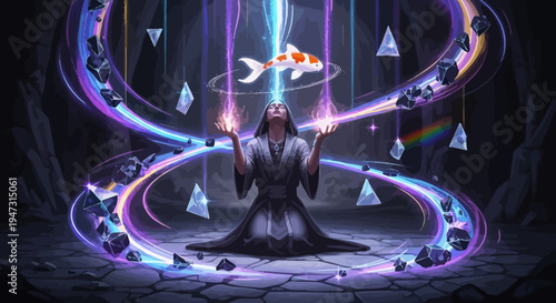 Mystical Energy Flow: Person Meditating with Koi Fish and Crystals