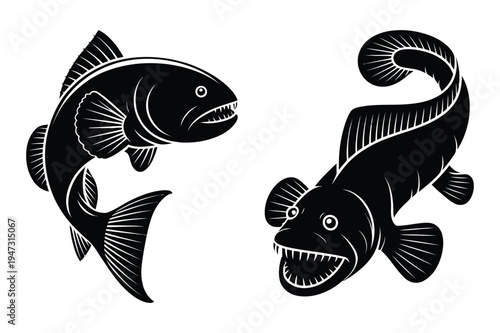 Two silhouetted fish with sharp teeth, illustration, black and white