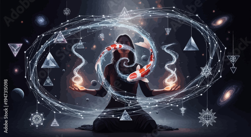 Woman Meditating with Cosmic Energy and Koi Fish in Spiritual Mandala