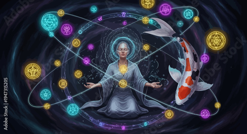 Zen Meditation with Cosmic Koi Fish and Mystical Orbs in Space