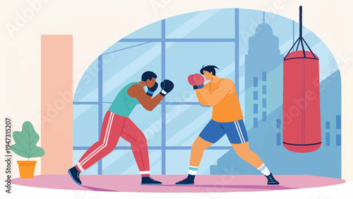 Two men engaged in a boxing match in a modern gym with a punching bag and plant