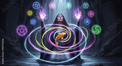 Sorceress Casting Magic Spell with Symbols and Golden Fish