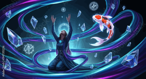 Mystical Woman Summoning Koi Fish and Crystals in Cosmic Energy Flow