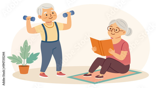 An elderly couple engaging in a healthy lifestyle at home with exercise and reading
