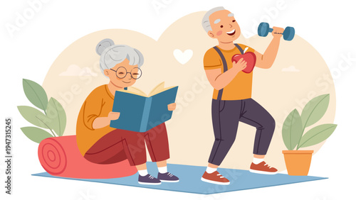 An elderly couple engaging in a healthy lifestyle with exercise and reading in a serene setting