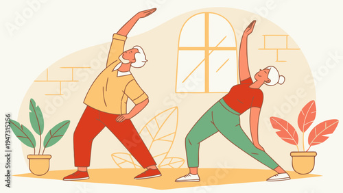 An elderly couple practices yoga together in a serene indoor setting with plants and a window