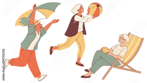 Three seniors enjoying a fun day at the beach with umbrella and ball