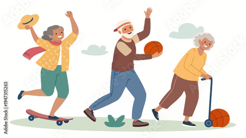 Elderly people enjoying leisure activities with basketballs and scooters in a playful outdoor setting